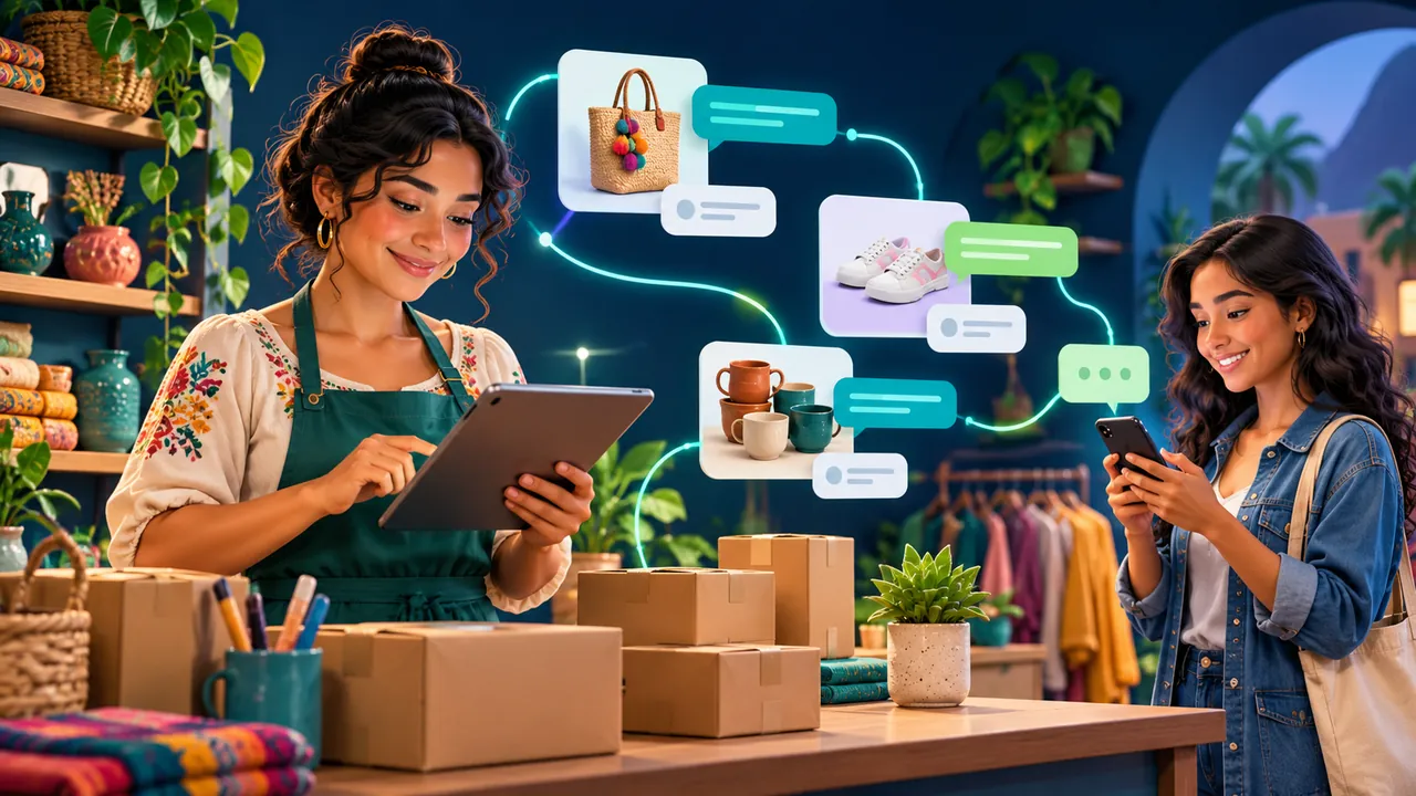 Ilustración de una comerciante con una tableta, paquetes y una clienta conectadas mediante conversaciones.